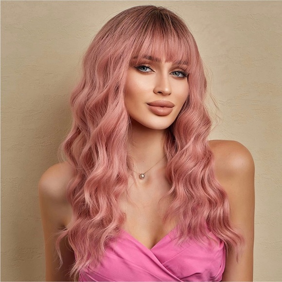 - 22 inch human hair blend pink with dark root curly wave wig main image 5